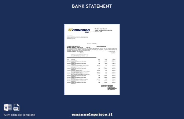 modello di parole dell'estratto conto bancario di Grindrod del Sudafrica in stil
